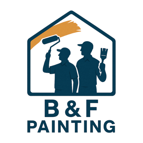 Two painters with tools inside a house-shaped logo for B&F Painting